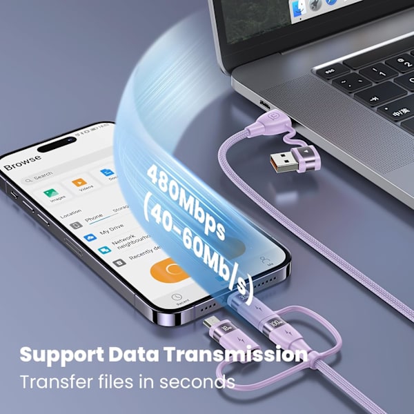 100W USB-C Multi-opladerkabel, USAMS 4FT 5-i-1 5A Hurtig Synkroniseringsopladeradapter Nylonflettet Type-C Kabel til Bærbar/Tablet/Telefon og Mere Purple 2m