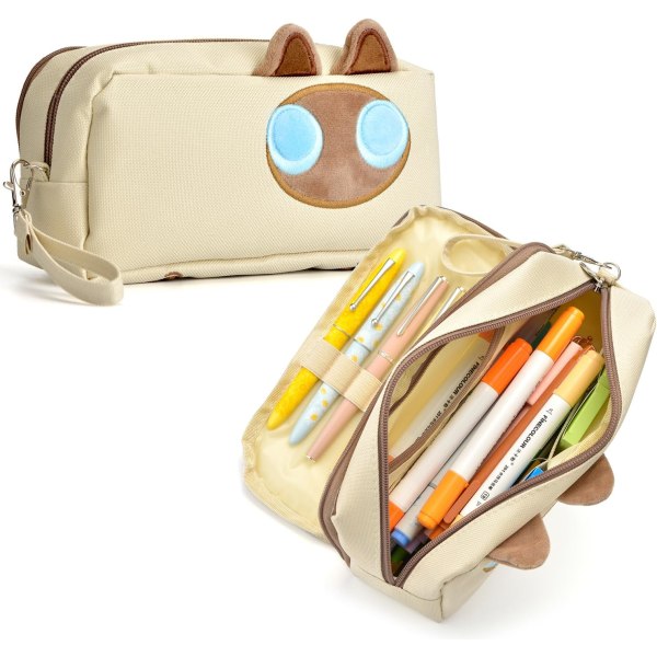 Hongdian Blyantveske med Stor Kapasitet, Tan Farge, 3D Katt Blyantvesker Blyantpose Organizer for Kontor, College, Skole Tan