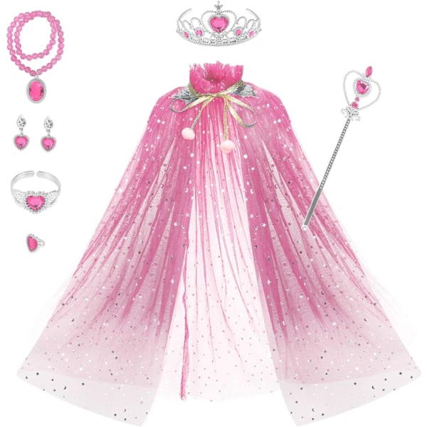 Princess Cape Set 7 delar flickor Princess Cloak med Tiara Crown, Wand för små flickor klä upp Pink