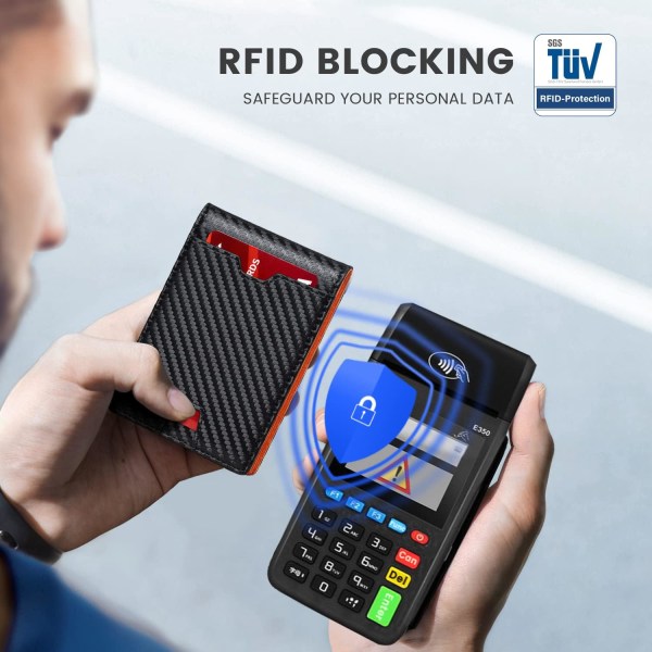 Herrplånbok - Slim Läder - RFID-blockerande plånbok för män Minimalistisk Bifold Kreditkortshållare med presentask Carbon Black and Orange