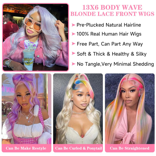 613 Lace Front Peruk Mänskligt Hår 28 Tum 180% Densitet 13x6 HD Transparent Body Wave Blond Lace Front Peruker Mänskligt Hår Blond Lace Frontal Mänskligt Hår Glu Light Gold 28 Inch