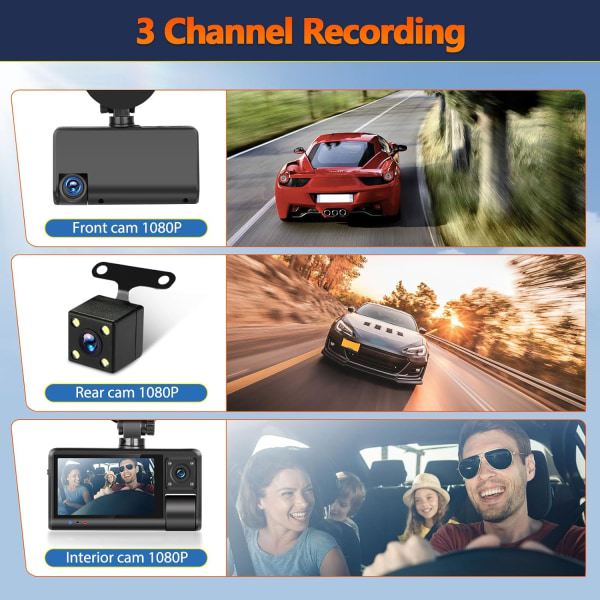 3-kanals Dash Cam foran og bak innvendig, Full HD 1080P Dash Cam for biler med Super Night Vision Loop Recording G-Sensor APP-kontroll 150° vidvinkel 3