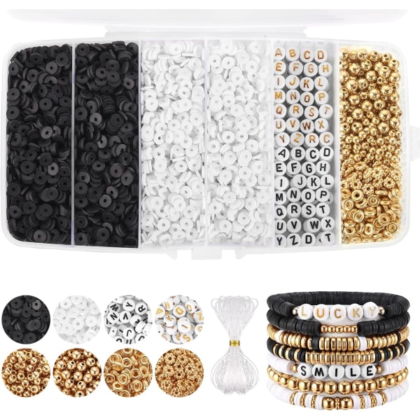 White Black Clay Beads Armbandstillverkningssats, Heishi Beads Polymer Clay Beads för smyckestillverkning, Friendship Armband Kit med guldpärlor Alphabet Lett Black and white