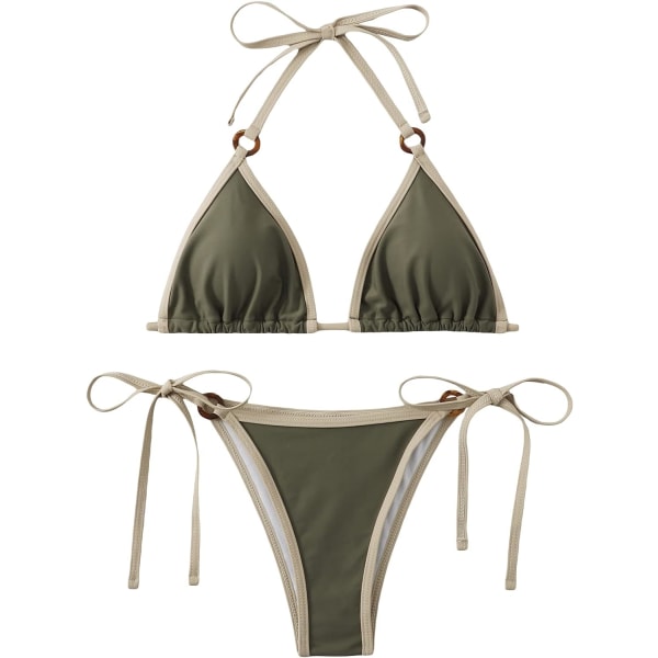 WJSM Dame Halterneck Binde Side Trekant Bikini Sæt Høj Skæring 2-delt Bikini Badetøj Ring Army Green M