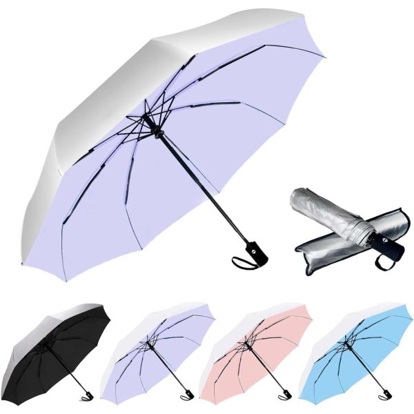 Tuulenpitävä Travel Compact Sateenvarjo-Automaattiset sateenvarjot Rain-Compact-taitettavalle sateenvarjolle, Travel Umbrella Compact, Pienet kannettavat Tuulenpitävät Sateenvarjot Silver/Purple