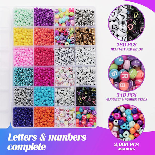 7655 Stk. Lerperler Armbåndsfremstillingskit - 4800 Stk. 6mm Flade Perler Polymer Lerperler, 2000 Stk. 4mm Glasfrøperler Ponyperler, 720 Stk. Bogstavperler