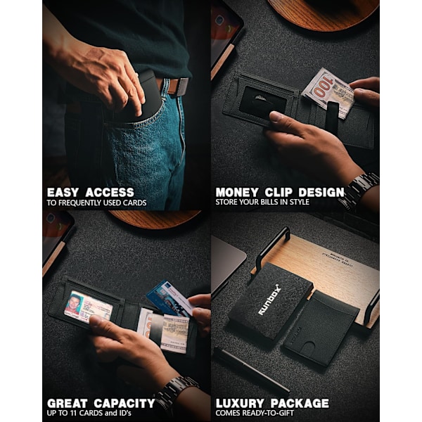 Smal Pengklämma Plånbok för Män RFID-Blockering 11 Kortplatser Minimalistisk Liten Läder Plånbok för Män Frontficka Presentask HERM NEW-Palm Lines Black