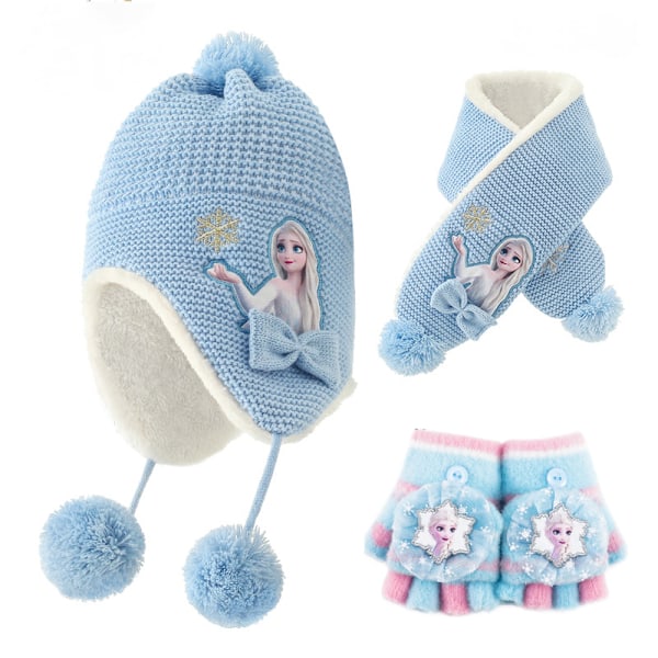 Frozen Vintermössa, Vantar och Halsduk för Flickor, 3-delars Set, Plysch Varm Utomhuskomfort Inkluderar Presentask, Överraskningsjulklappar och Födelsedagspresenter Blue A