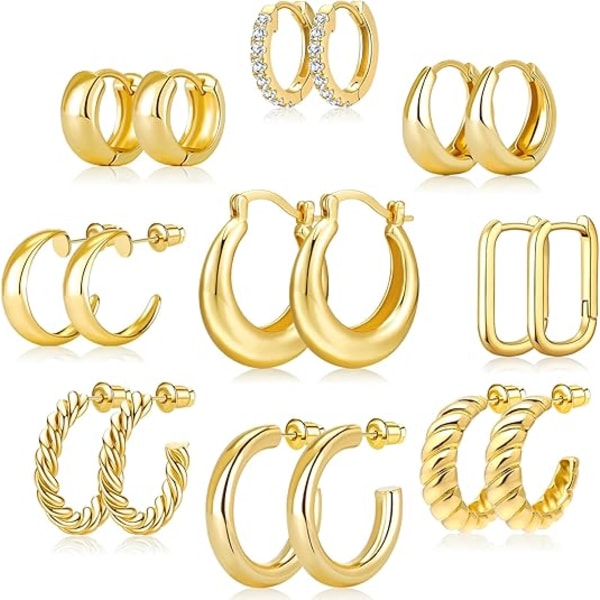 9 st guldhoopörhängen set för kvinnor 14K guldpläterade tjocka hoops vridna huggie hoop örhängen för gåva lättviktiga Gold
