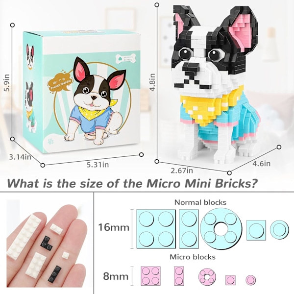 Söt Djur Micro Mini Byggklossar Kit, Bulldog Micro Bricks Byggleksaker för Vuxna, Festpresenter för Barn, Födelsedagspresent, Karnevalspriser