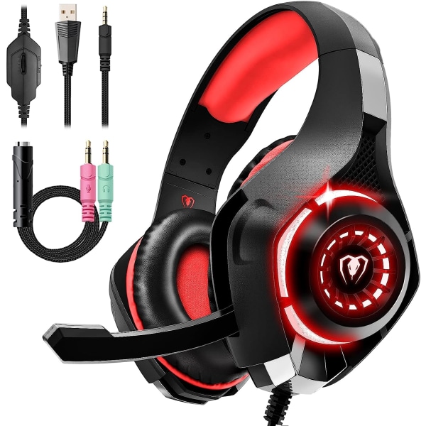 Gaming-hodesett for PS4 PS5 Xbox One Switch-PC med støyreduksjonsmikrofon, dyp bass-stereolyd (svart rød)-1 Black Red