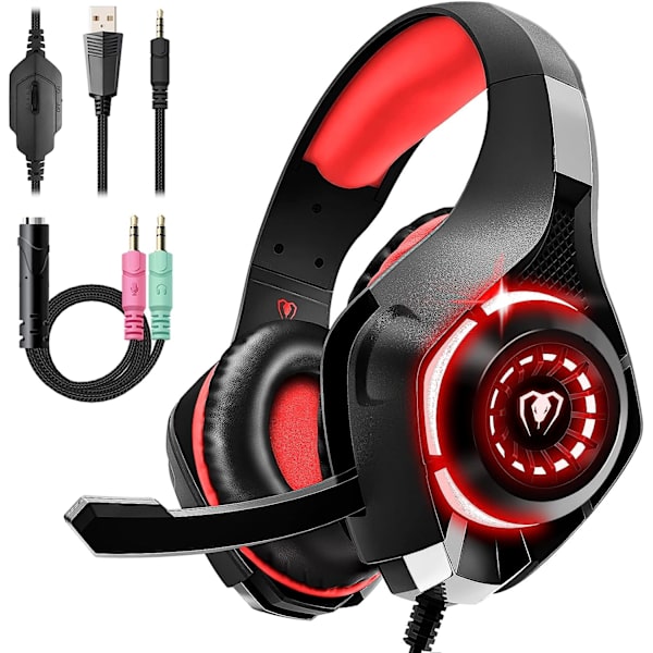 Spillhodetelefon for PS4 PS5 Xbox One Switch PC med støydempende mikrofon, dyp bass stereolyd (svart rød)-1 Black Red