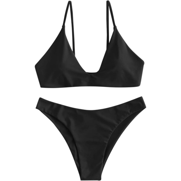 WJSM Women's Tie Back Vadderad High Cut Bralette Bikini Set Tvådelad baddräkt 1-black S
