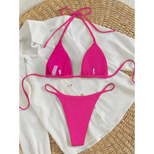 WJSM Dame Halterneck Tie Side Triangle Bikinisett Høy Skjæring 2 Delers Bikini Badetøy Hot Pink Solid M