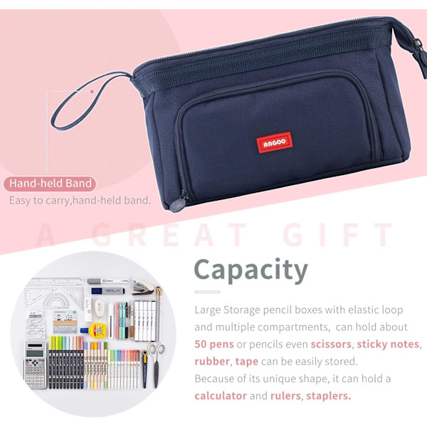 WJSMPencil Case Stor Pennetui Med Stor Kapacitet Håndholdt Pennepose Kosmetik Taske Bærbar Gave Til Kontor Skole Teen Pige Dreng Mænd Kvinder Voksen (Marineblå) Navy