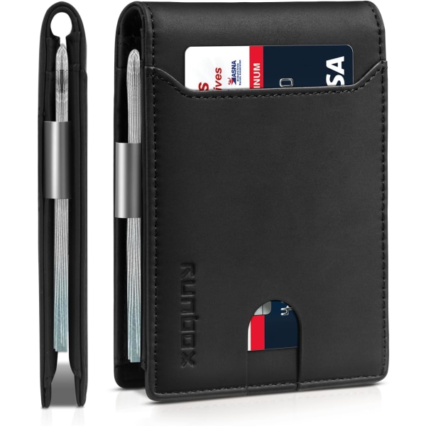 Tunna plånböcker för män - Läder Money Clip Herrplånbok - RFID-blockerande framficka Bifold-plånbok - Minimalistisk kreditkortshållare med presentförpackning Bicolor Crazy Horse Black
