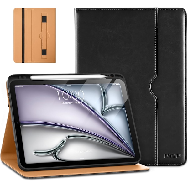 iPad Pro 11-tuumainen suojakotelo M2 (2024), Premium-nahkainen bisnesfolio-jalustakotelo kynätelineellä - automaattinen lepotila/herätys Black Apple