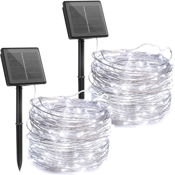 Solcellsdrivna utomhus ljusslingor, 2-pack 12 meter 200 LED-lampor med 8 lägen Vattentät dekoration Koppartrådslampor för uteplats trädgård Pure White2