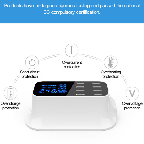 8-ports USB-ladestasjon Hurtigladeport USB-ladestasjon med LED-skjerm for flere enheter Smarttelefoner Nettbrett 100‑240V EU-plugg