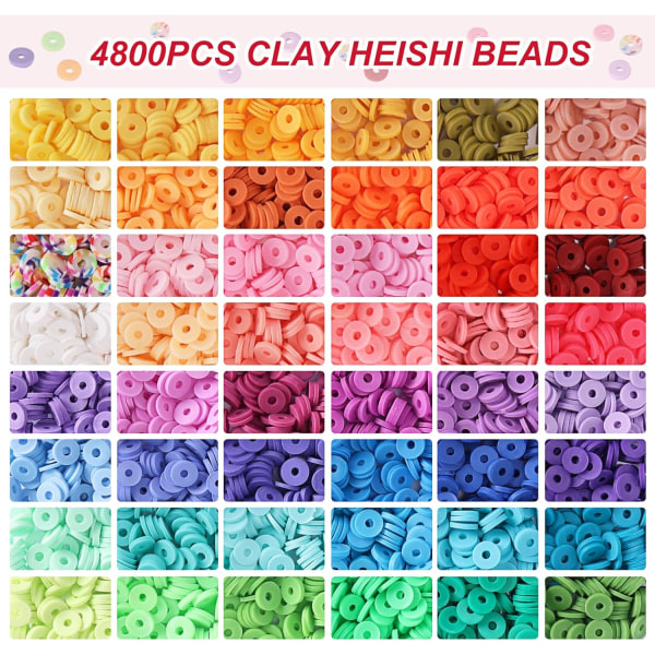 4800 stk lerperler til armbåndsfremstillingssæt 48 farver flad rund polymer lerafstandsstykke Heishi-perler til smykkefremstilling, til piger 8-12, Preppy, gavepakke