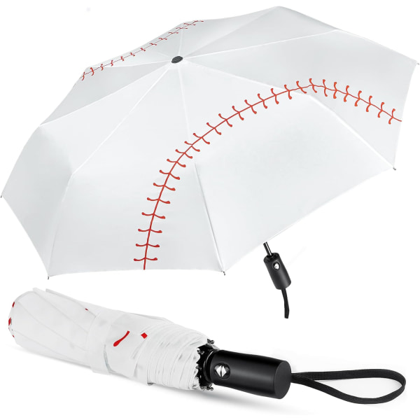 Hvid Baseball Paraply Compact - Bærbar, vindtæt Travel Folde Sports Paraply Auto Open Baseball tema gaver
