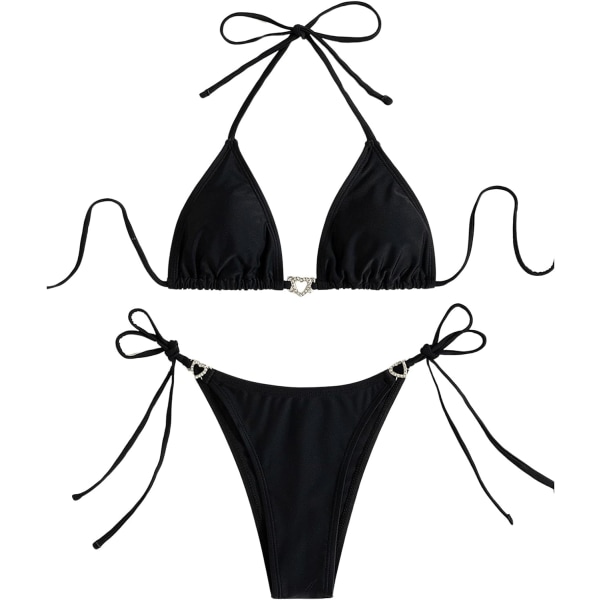 WJSM Dame Halterneck Binde Side Trekant Bikini Sæt Høj Skæring 2-delt Bikini Badetøj Rhinestone Black L