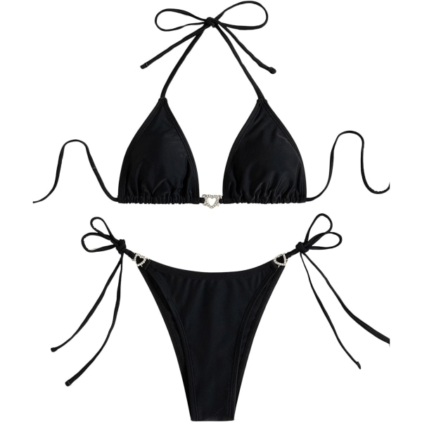 WJSM Damgrimma Tie Side Triangel Bikini Set högt skuren 2-delad Bikini Baddräkt Baddräkt Rhinestone Black XL