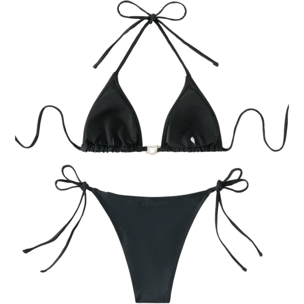 WJSM Dame Halterneck Binde Side Trekant Bikini Sæt Høj Skæring 2-delt Bikini Badetøj Rhinestone Black M