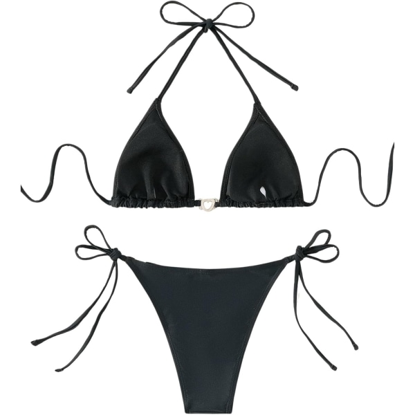 WJSM Damgrimma Tie Side Triangel Bikini Set högt skuren 2-delad Bikini Baddräkt Baddräkt Rhinestone Black L
