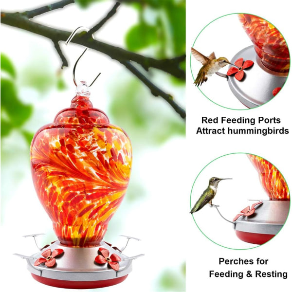 Kolibrimater for utendørs terrasse Stor 32 unser Fargerik håndblåst glass Kolibrimater med maurgrav Hengekrok, tau, børste og service D