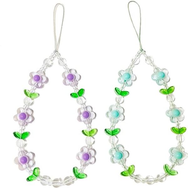 2 stk Blomster Telefon Charm Søte Telefon Charms Stropp Perlet Telefon Nøkkelring Perle Telefon Lanyarder Purple&Green