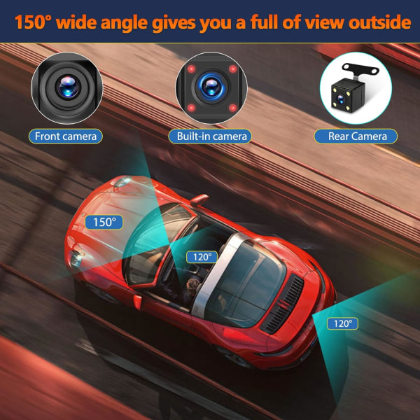 3-kanals Dash Cam foran og bak innvendig, Full HD 1080P Dash Cam for biler med Super Night Vision Loop Recording G-Sensor APP-kontroll 150° vidvinkel 3