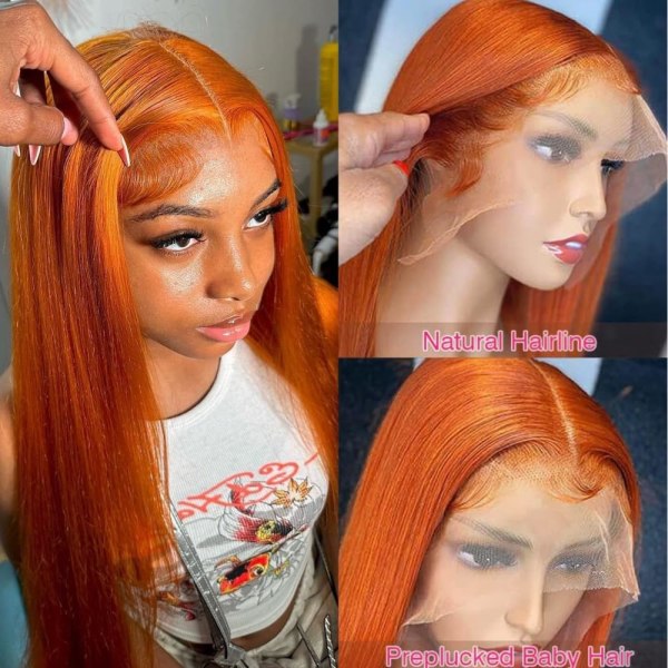 Ginger Orange Straight Lace Front Parykk Menneskehår Farget 13x4 Hd Transparent Frontal Parykk Menneskehår Forhånds Plukket Ginger Parykk Menneskehår Lace Front Wi Ginger Orange 24 Inch