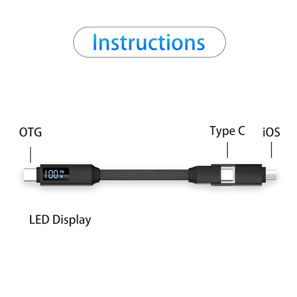 Magnetisk Nyckelring Laddningskabel med LED-display, 3-i-1 med 100W Ultrasnabb USB-C Laddningskabel, Universal Laddningskabel Kort för Resor Sliver