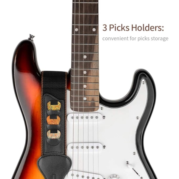 Kitarahihna, 100 % pehmeää puuvillaa olevaa kitarahihnaa, joissa on 3 pidikettä bassolle, sähkö- ja akustiselle kitaralle (musta) Black