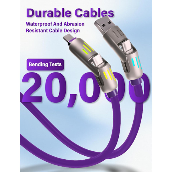 240W 4-i-1 USB-C-kabel, Multiladerkabel med pustelys, PD 5A Multi Rask lading & Datasynkronisering Silikon Kompatibel for iPhone Samsung Bærbar PC Purple 1.5m