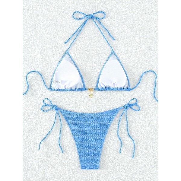 WJSM Dam Badkläder Kvinnor Halterneck Slipsida Triangel Bikini Set Hög Skuren 2 Delad Bikini Baddräkt Blue Color S