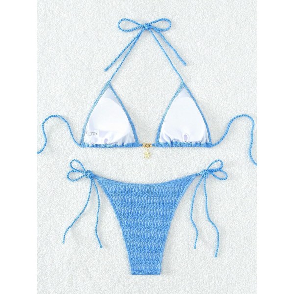 WJSM Dame Halterneck Tie Side Triangle Bikinisett Høy Skjæring 2 Delers Bikini Badetøy Blue Color S