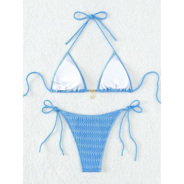 WJSMWomen's Halter Tie Side Triangle Bikini Set high Cut 2-delt Bikini Badedrakt Badedrakt Blue Color S