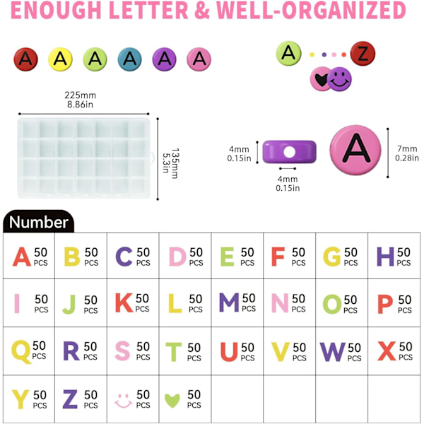 1400 kappaletta kirjainhelmisetti, 28 tyyliä ystävyysrannekkeiden korujen valmistussarja, lajiteltuja aakkoshelmiä värikkäitä hymiöhelmiä sydänhelmiä Black Letter Multicolor Bead