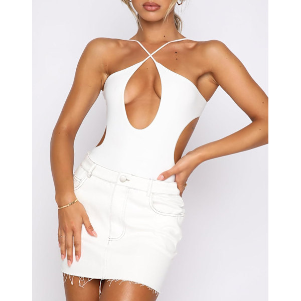 WJSM - Seksuelt Criss Cross Halter badedragt med udskåret ryg - Monokini badedragt i ét stykke White XL
