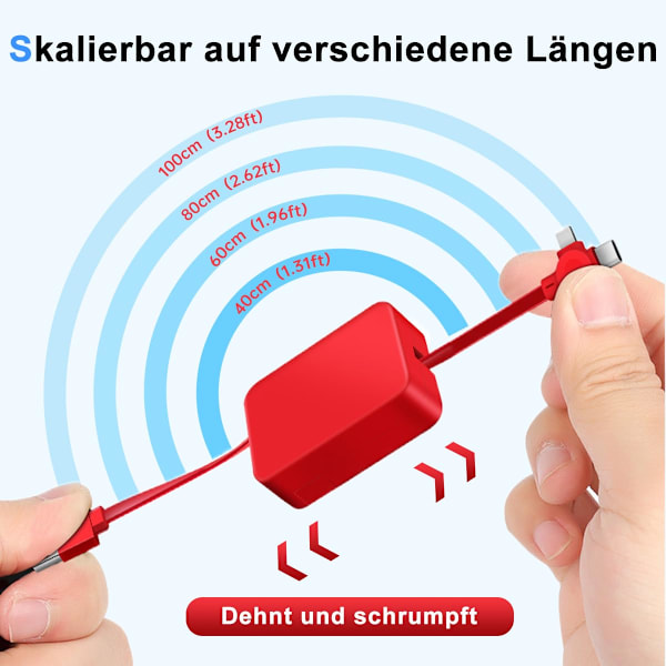 2-pack 3-i-1 Multi Retraktil Laddningskabel, 3-i-1 Laddningskabel Rulle, Multi Retraktil USB-Laddningskabel med Micro USB IP Typ C-kontakter Blue+Red