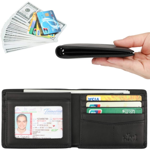 Pung til mænd - ægte læder RFID-blokerende bifold stilfuld pung med 2 ID-vindue Black