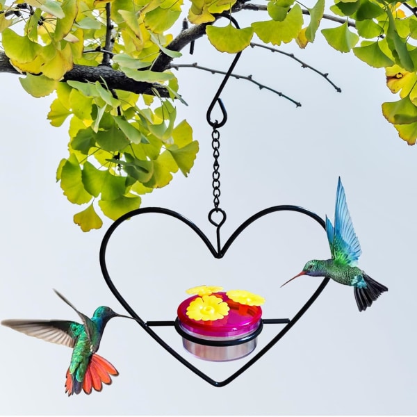 Hængende Hummingbird Feeder Charmerende Hummingbird Feeder Fuglefoder med metalramme Plastskål, let at rengøre og genopfylde frit kombineret, til Outsi heart-shaped 1PC