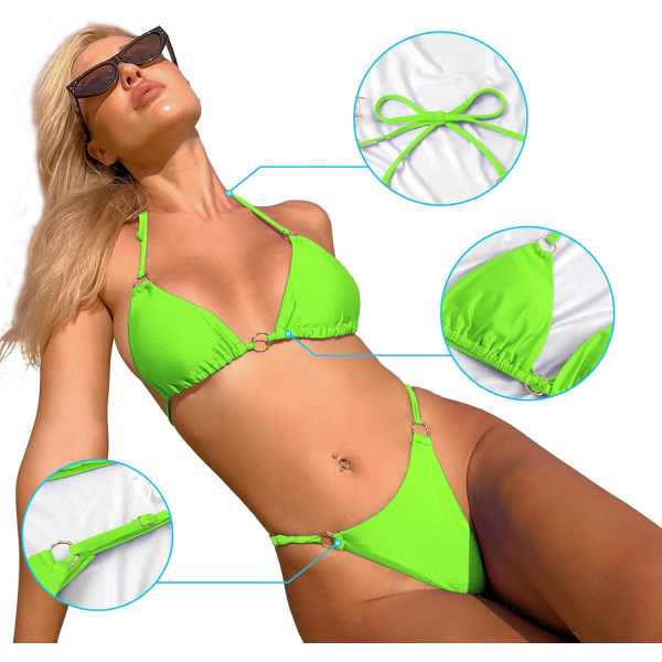 WJSMSexy bikinier til kvinder 2-delt bikini spaghetti strop badedragter ensfarvet badebadetøj trekantet badedragt Fluorescent Green L