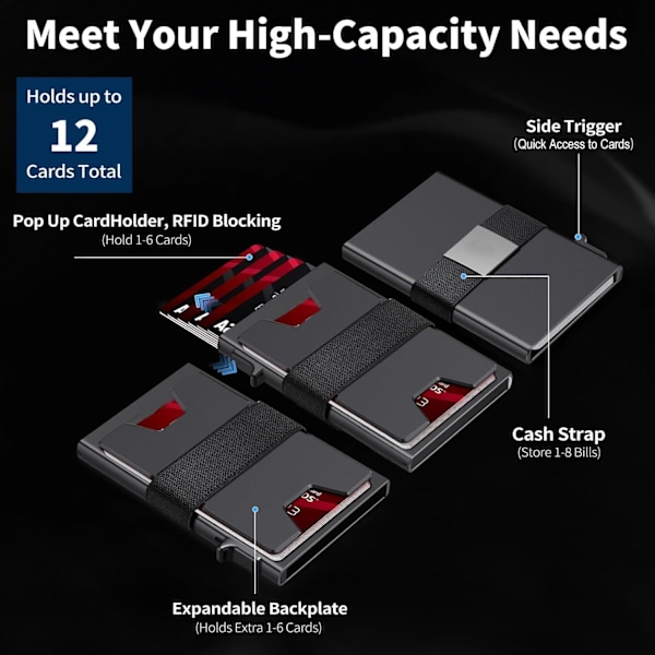 Slank Aluminium Kort Holder Tegnebog til Mænd, Holdbar Udvidbar Bagplade, RFID Blokering Minimalistisk Metal Pop Up Tegnebog, Holder 12+ Kort Plus Kontanter Sliver