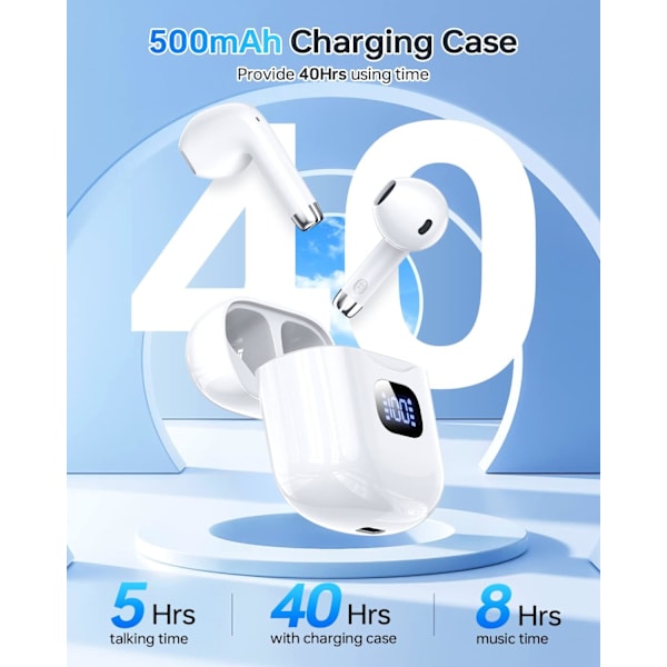 Trådlösa Hörlurar, Bluetooth 5.3 Hörlurar 40 Timmars Speltid med Laddningsfodral, IPX5 Vattentäta Stereo In-Ear Hörlurar med Mikrofon för iPhone Android White