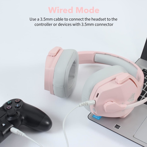Langattomat G06-pelikuulokkeet, joissa on kristallinkirkas mikrofoni PS5:lle, PS4:lle, PC:lle ja kytkimelle, 47 tunnin akku, ergonominen muotoilu (vaaleanpunainen) Pink