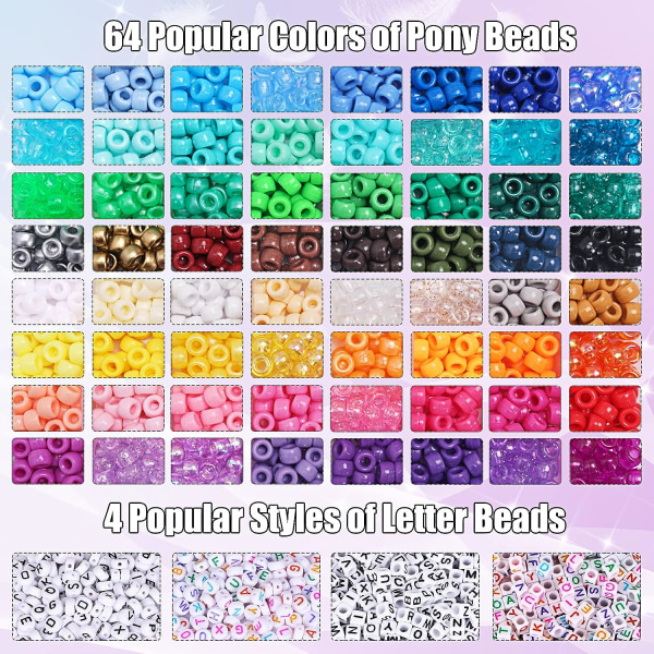 2350 stk., 64 farver, ponyperler til armbånds- og halskædefremstilling, Rainbow Craft-perler og elastiske snoresæt, bogstavperlesæt til piger 64 colors