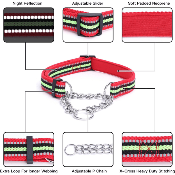 Reflekterande Martingale Hundhalsband, Justerbart Mjukt Neopren Vadderat Andningsbart Nylon Husdjurshalsband för Valp, Medelstora och Stora Hundar, Röd, XL Red XL